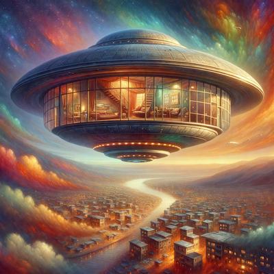 The primary subject of the image is a large, futuristic-looking spacecraft with a dome-shaped top. The spacecraft is floating in the sky, and it appears to be a part of a cityscape. The setting is a city with numerous buildings, including a large building that resembles a spaceship. The visual style of the image is digital art, and the colors and mood are vibrant and imaginative.